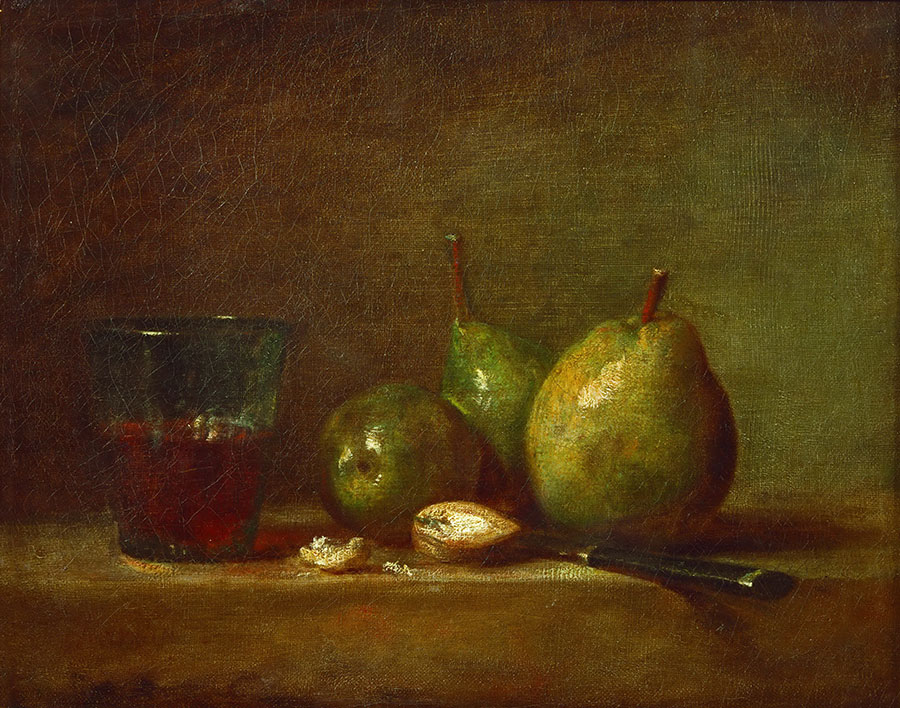 夏尔丹油画静物: 梨,核桃和一杯葡萄酒油画欣赏