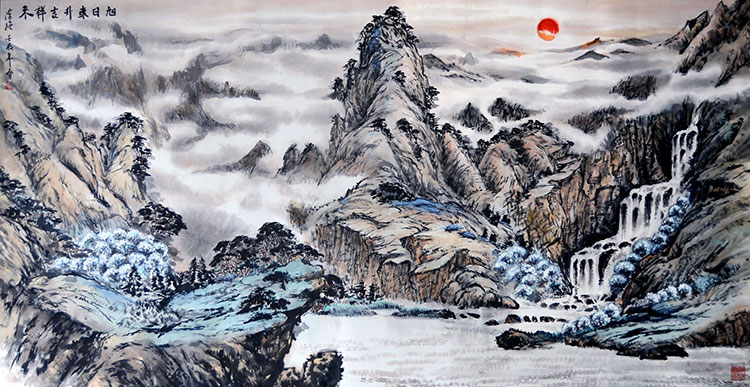 中式客厅装饰画素材下载: 横幅大气中国山水画高清大图 B