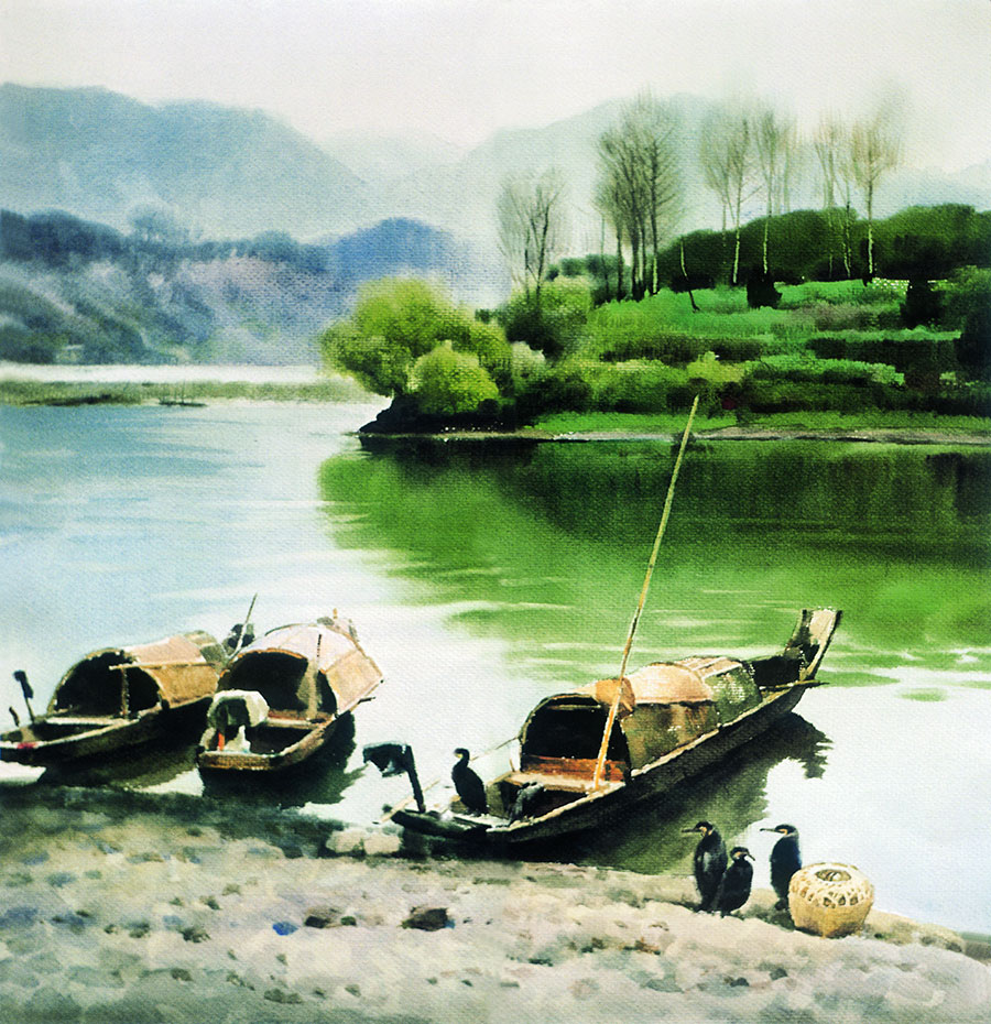 水乡渔船风景画 停在河边的渔船和鸬鹚水彩画高清素材
