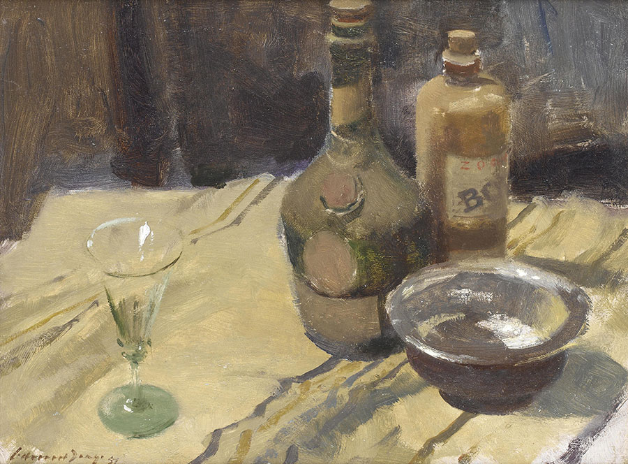 爱德华西戈静物油画: 酒瓶和杯子