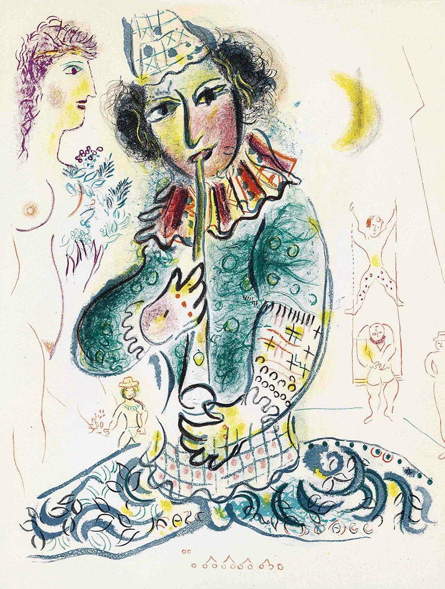 夏加尔油画作品 吹笛子的小丑  高清大图下载