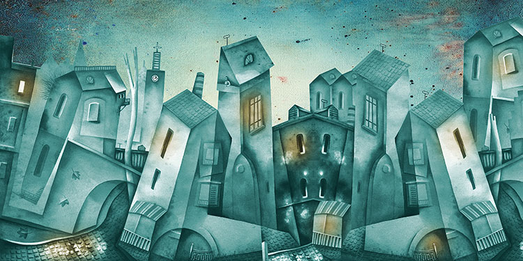 梦の游乐场装饰画系列: 夜色中的城市建筑水彩画