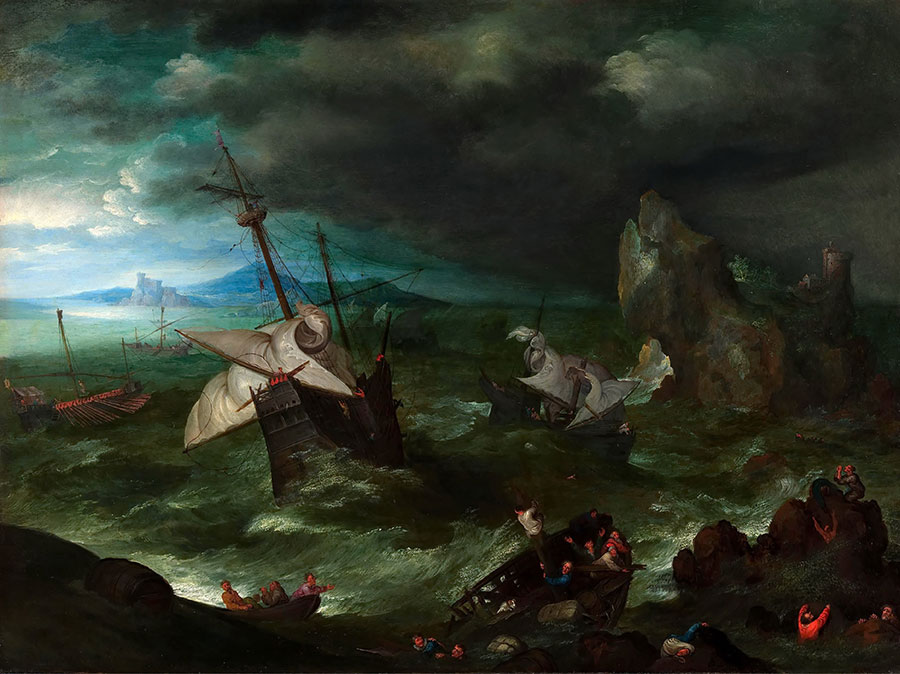 勃鲁盖尔作品: 风暴中航行的船