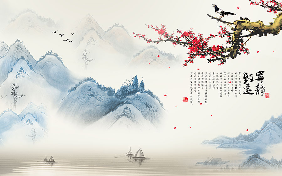 中式山水背景墙素材欣赏:梅花国画素材下载 A