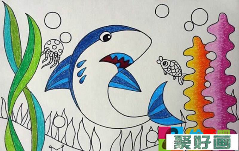 儿童动物水彩画：大鲨鱼画法步骤详细教程