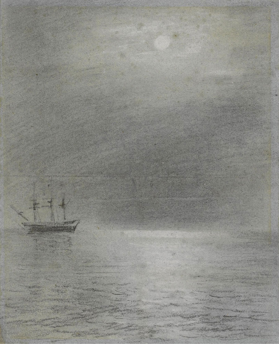 康斯太勃尔素描作品: 海上的船