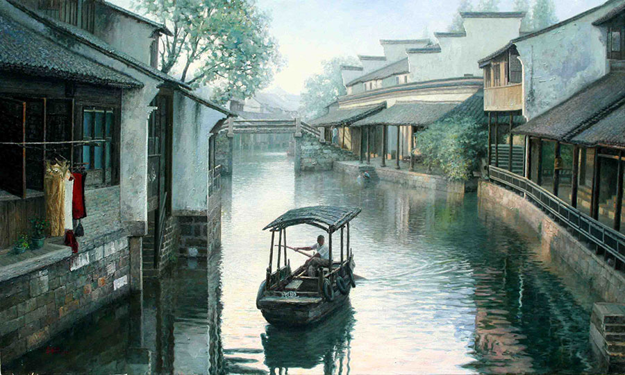 江南水乡风景画 水乡上的渔船油画高清图片素材