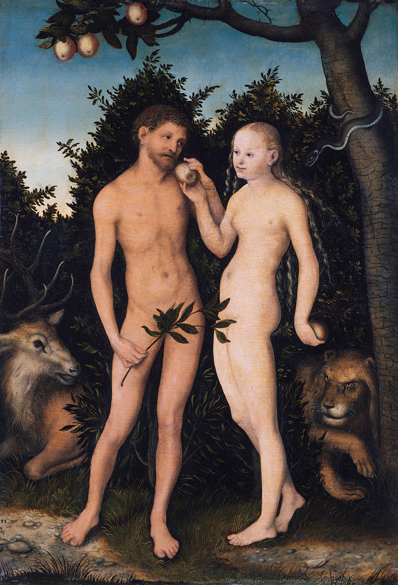 克拉纳赫作品: 天堂上的亚当和夏娃 - Adam and Eve in paradise