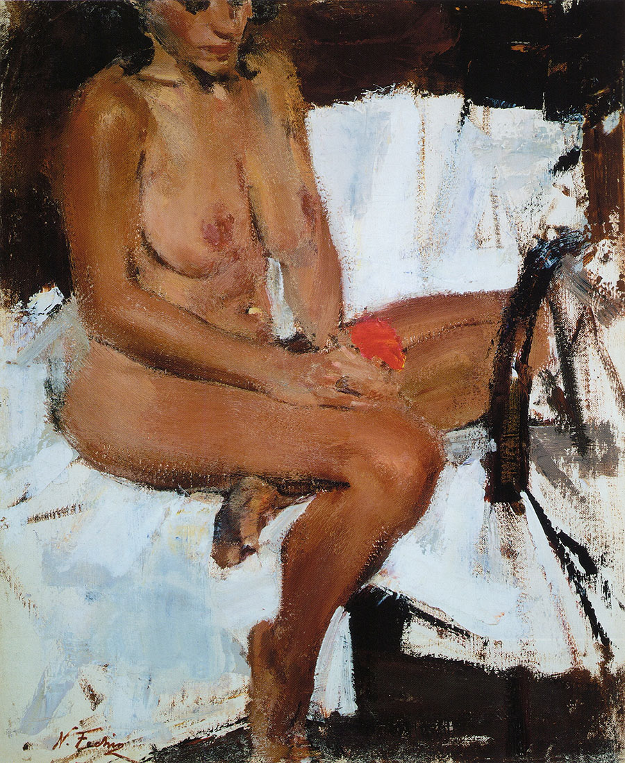费欣作品: 坐在床上的裸女