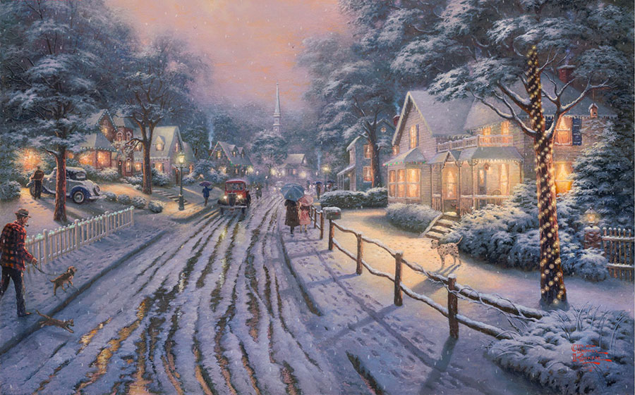 托马斯田园油画: 城镇街道夜间雪景 高清油画素材