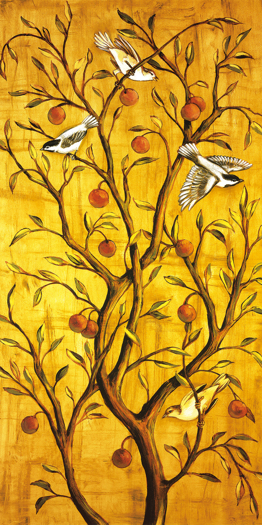 客厅酒店三联高清装饰画素材: 金色伊甸园 小鸟与果树 