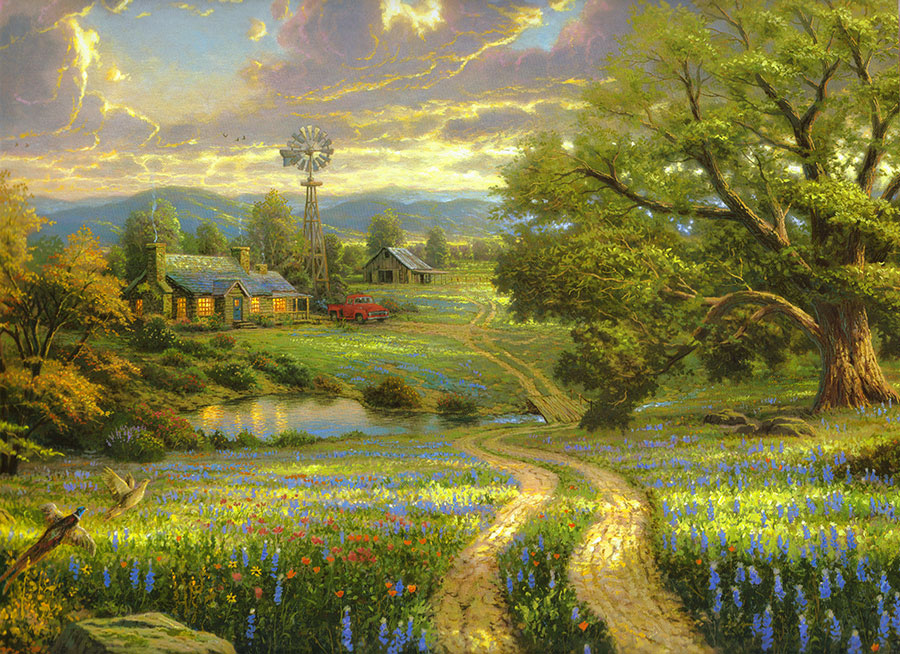 thomas kinkade高清图: 绿色的乡村风景油画