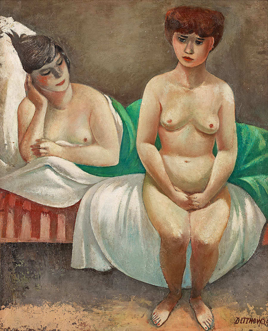 欧美现代画: 床边的两个裸女