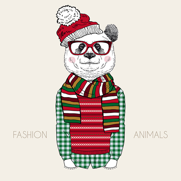 时尚呆萌动物 戴圣诞帽的熊猫 高清装饰画素材下载