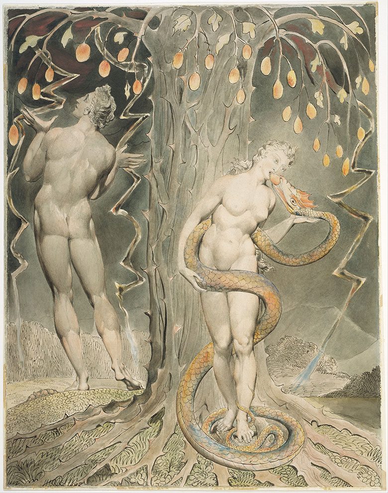 威廉·布莱克作品: 夏娃的诱惑与堕落（米尔顿的例证）The Temptation and Fall of Eve (Illustration to Milton's)