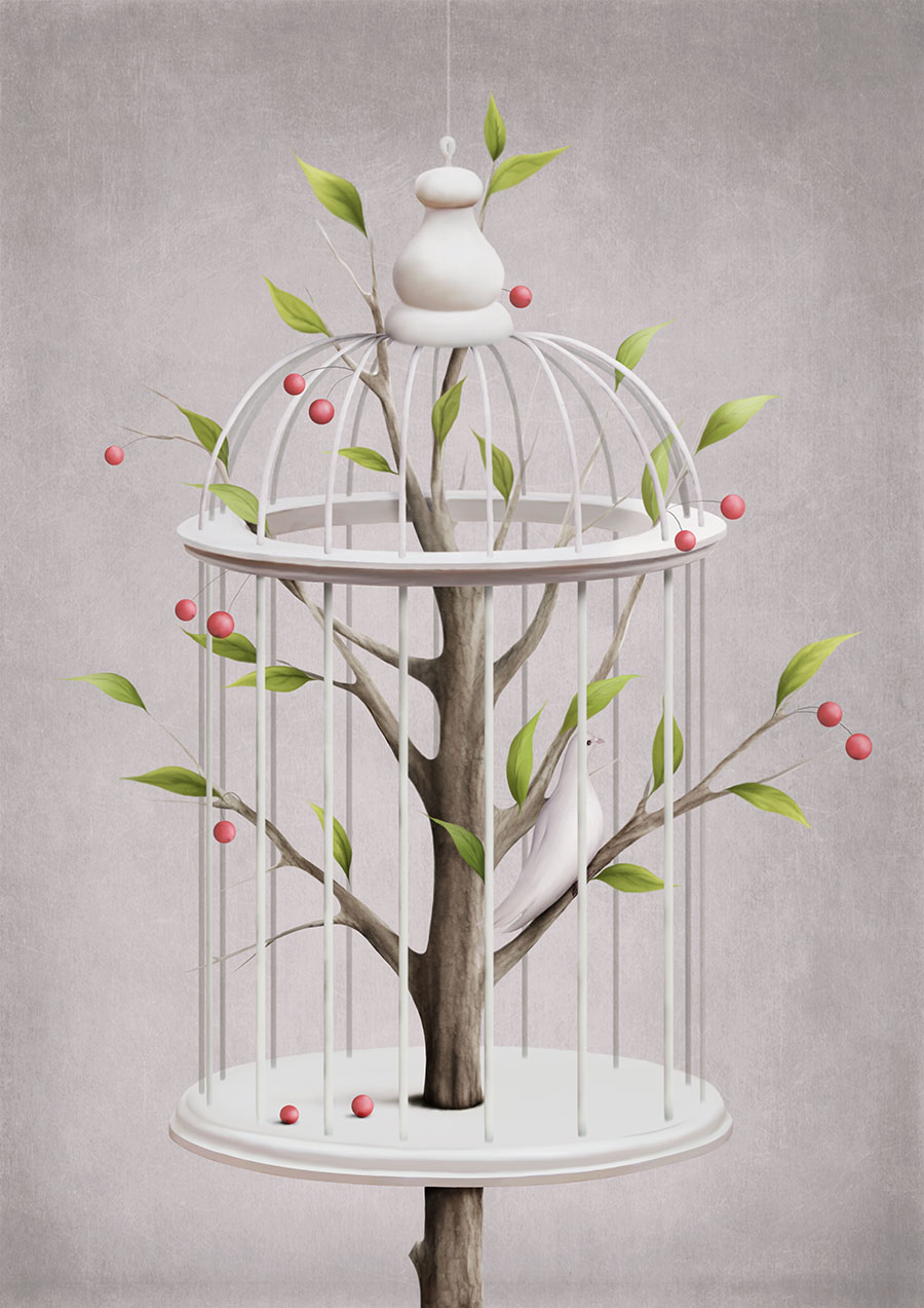 超现实梦幻画: 树上的鸟笼装饰画欣赏