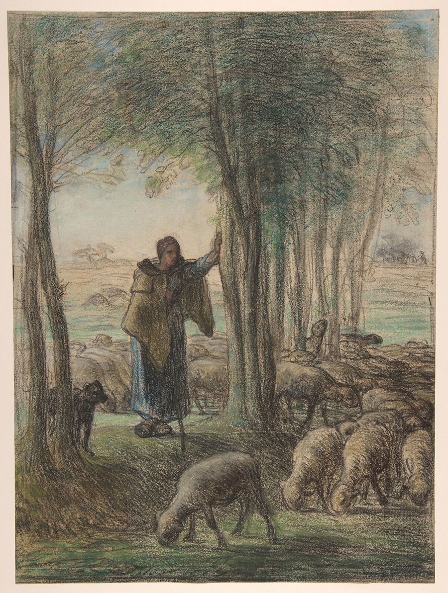 米勒油画作品: 树荫下的牧羊女和她的羊群油画下载