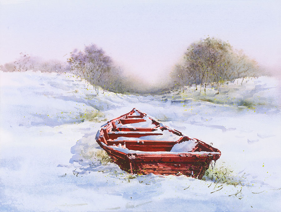 董克诚: 雪地里红色的船水彩画欣赏
