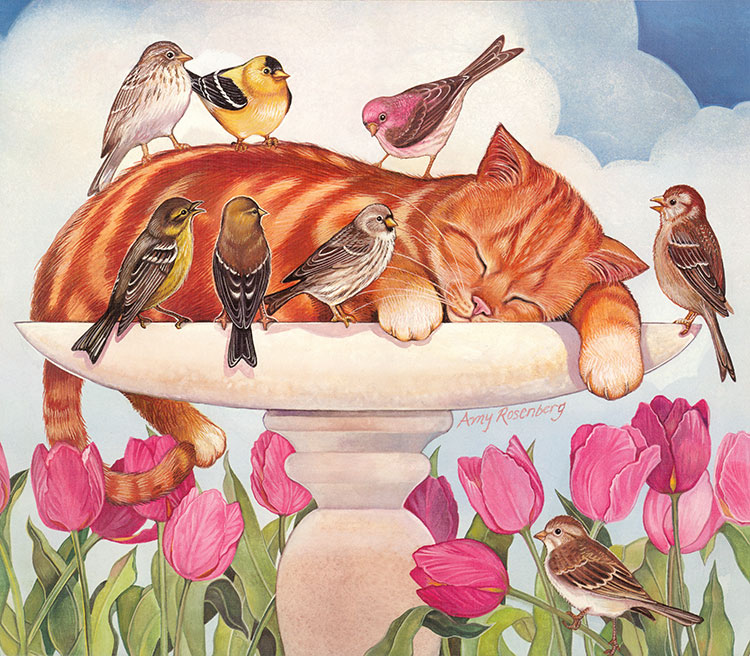 田园猫水彩画系列: 郁金香花园里睡着的猫