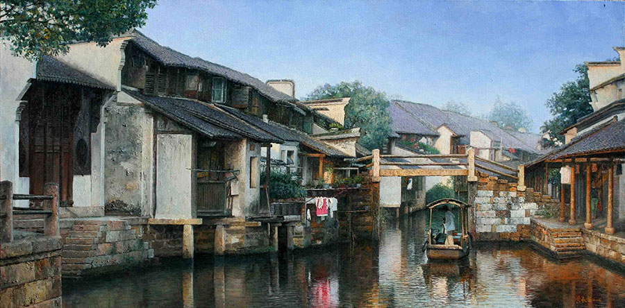 江南乡风景油画 河面上的石桥和渔船油画高清素材下载