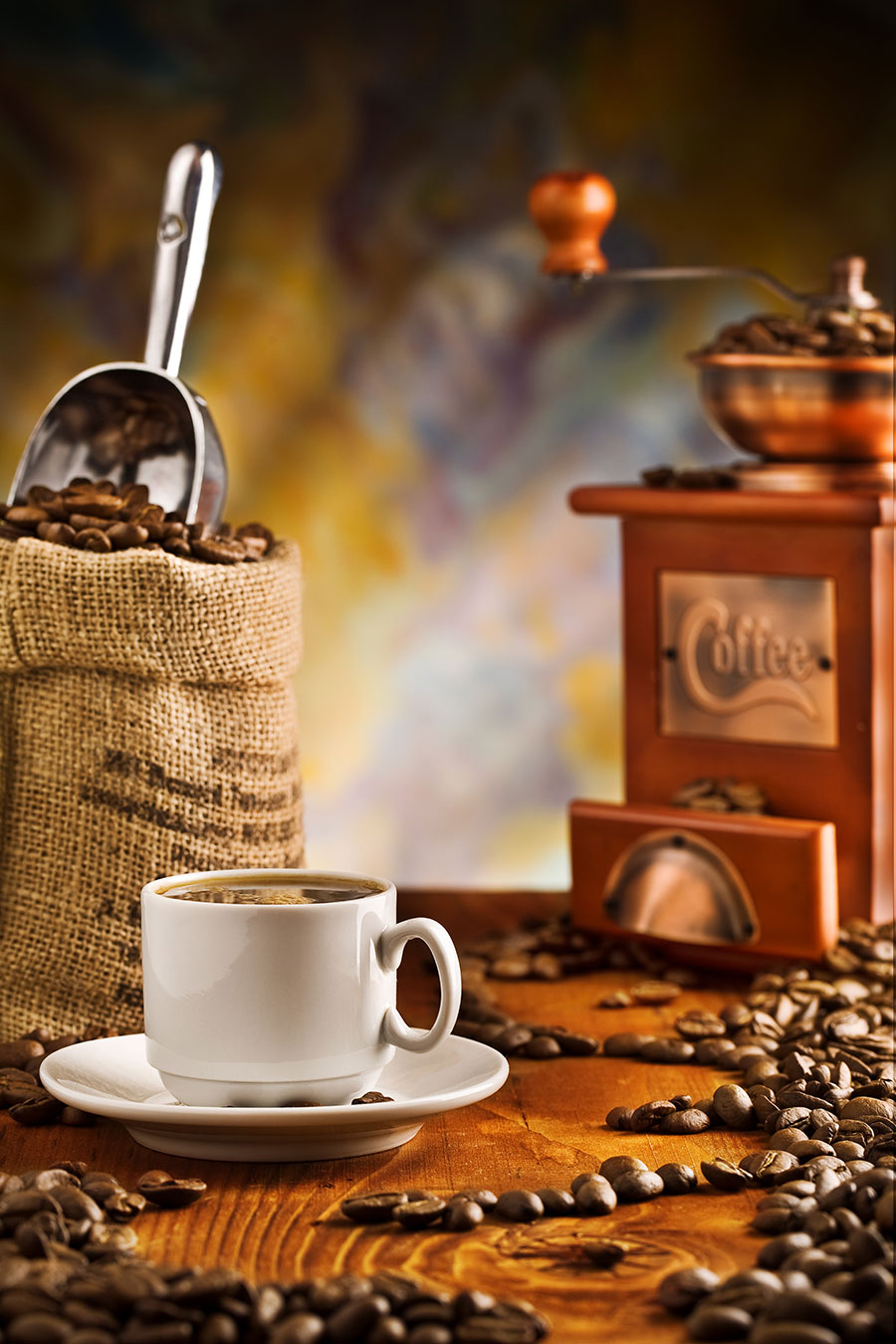 高清静物摄影画: 咖啡豆和咖啡器材 B