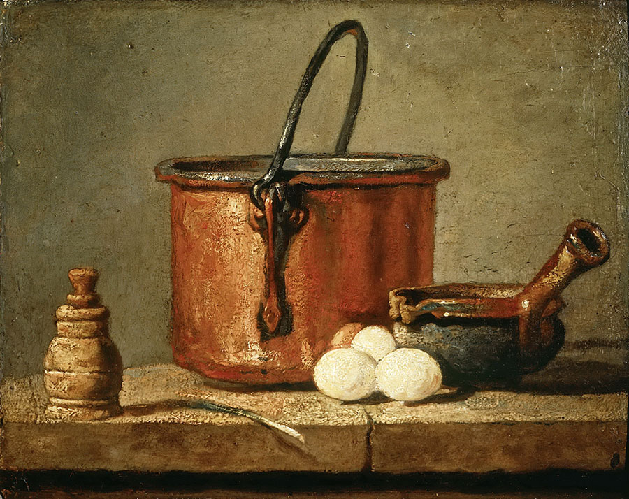 夏尔丹油画静物 铜锅与鸡蛋油画高清欣赏