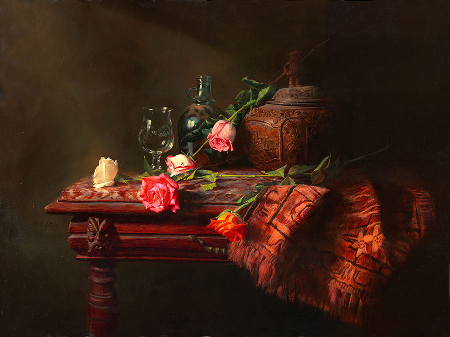 阿列克谢安东诺夫油画作品: 木桌上的红玫瑰花和器皿