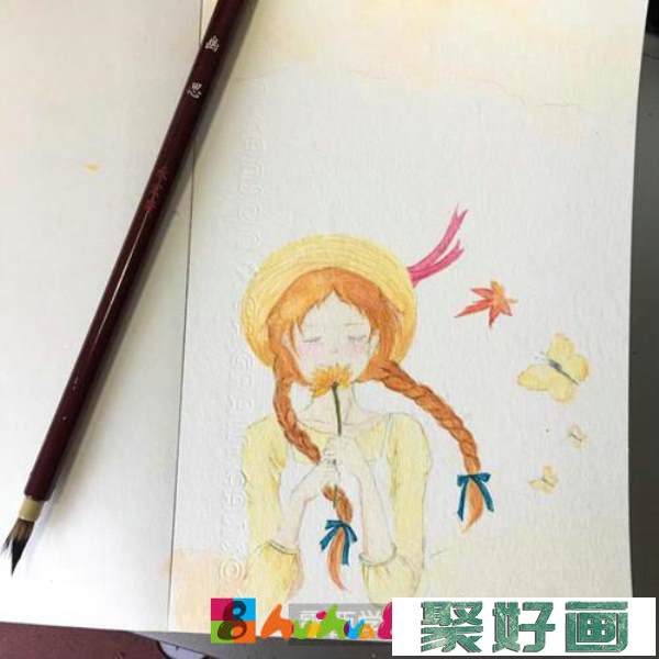 双麻花辫女孩水彩画