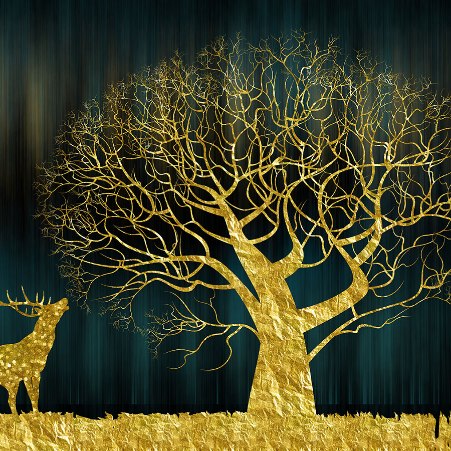 金色的发财树和麋鹿晶瓷画高清图片下载 C