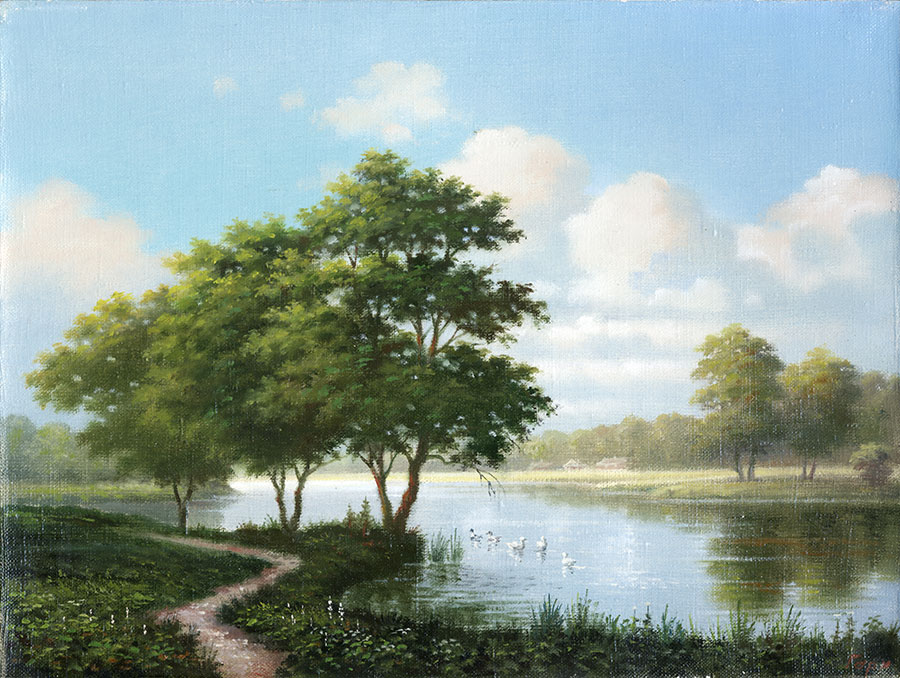 高清田园风景油画大图下载: 嬉戏的鸭子