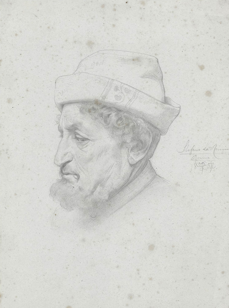 莱顿素描作品: 戴帽子的男人侧脸