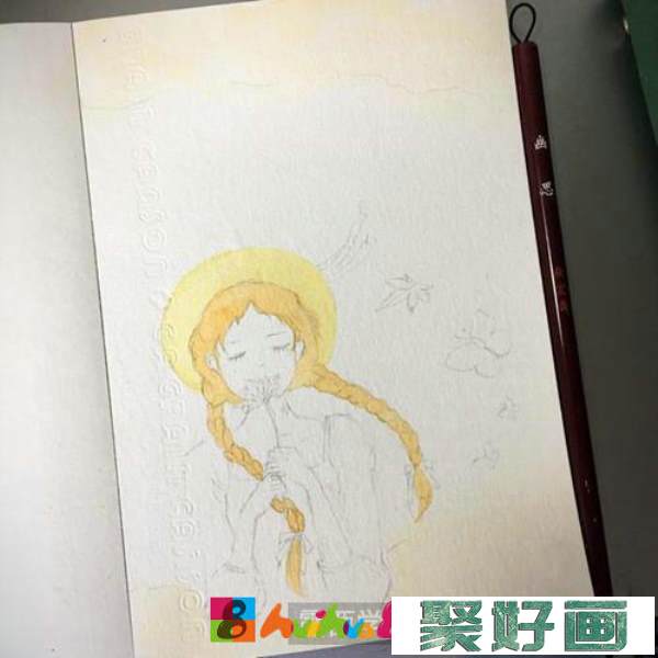 双麻花辫女孩水彩画