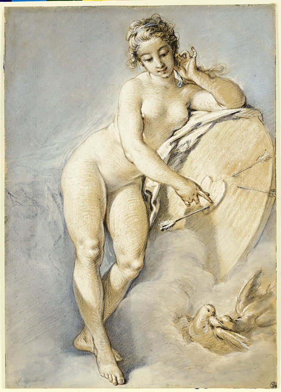 布歇素描作品: 靠着盾牌的裸体女人素描欣赏