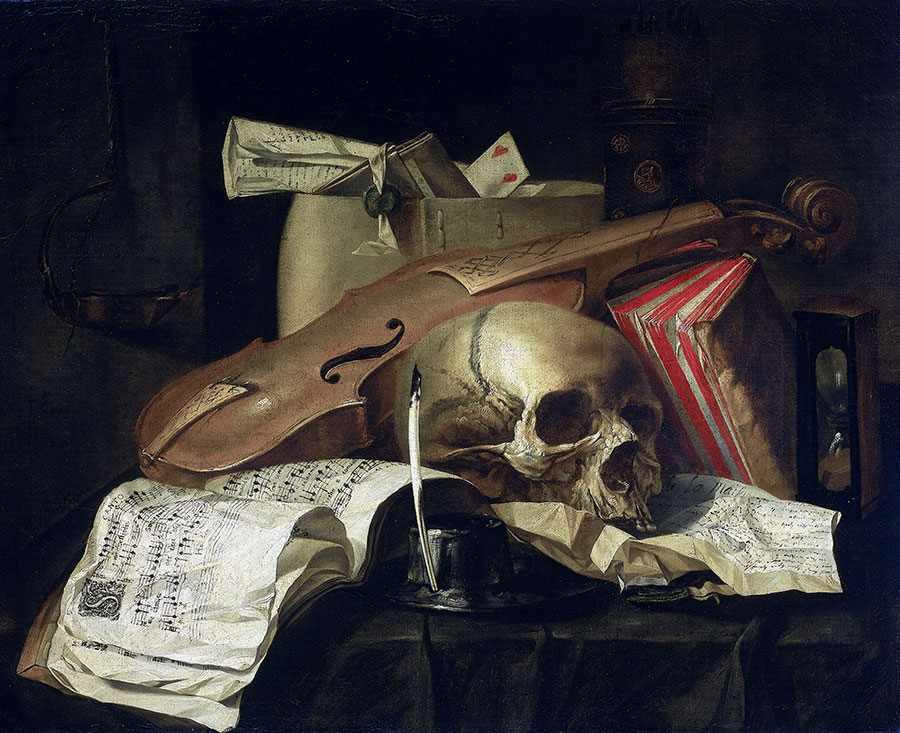 虚空派静物油画: 头骨和小提琴