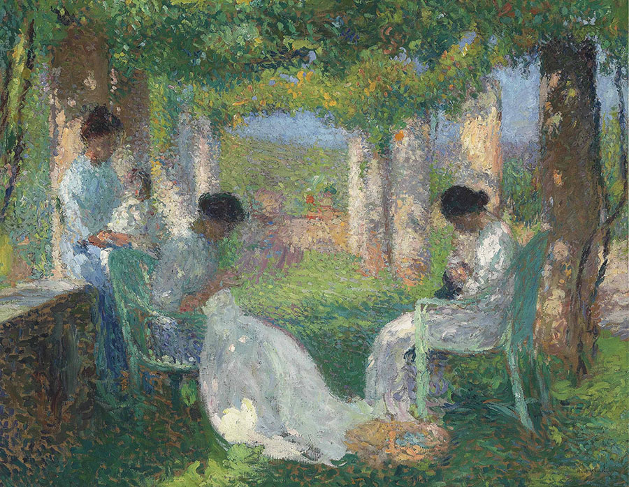 亨利马丁油画: 花园绿荫下聊天的女人