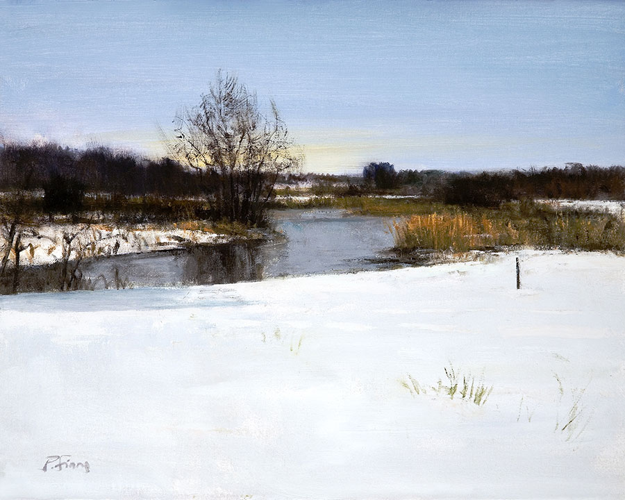 高清油画作品:  冬天河边的雪景