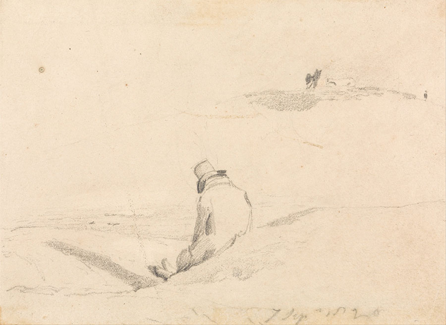 康斯太勃尔风景速写作品: 坐在草地上的男人