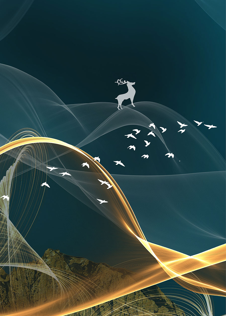 三联晶瓷画素材: 梦境云彩上的麋鹿装饰画 A