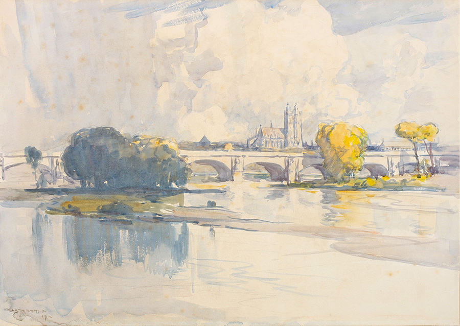 阿瑟·斯切特 (Arthur Streeton)  Tours 桥水彩画