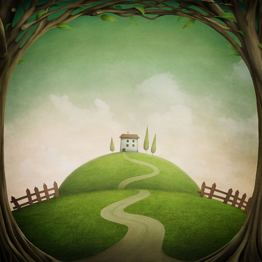 超现实梦幻画: 绿山坡上的房子装饰画