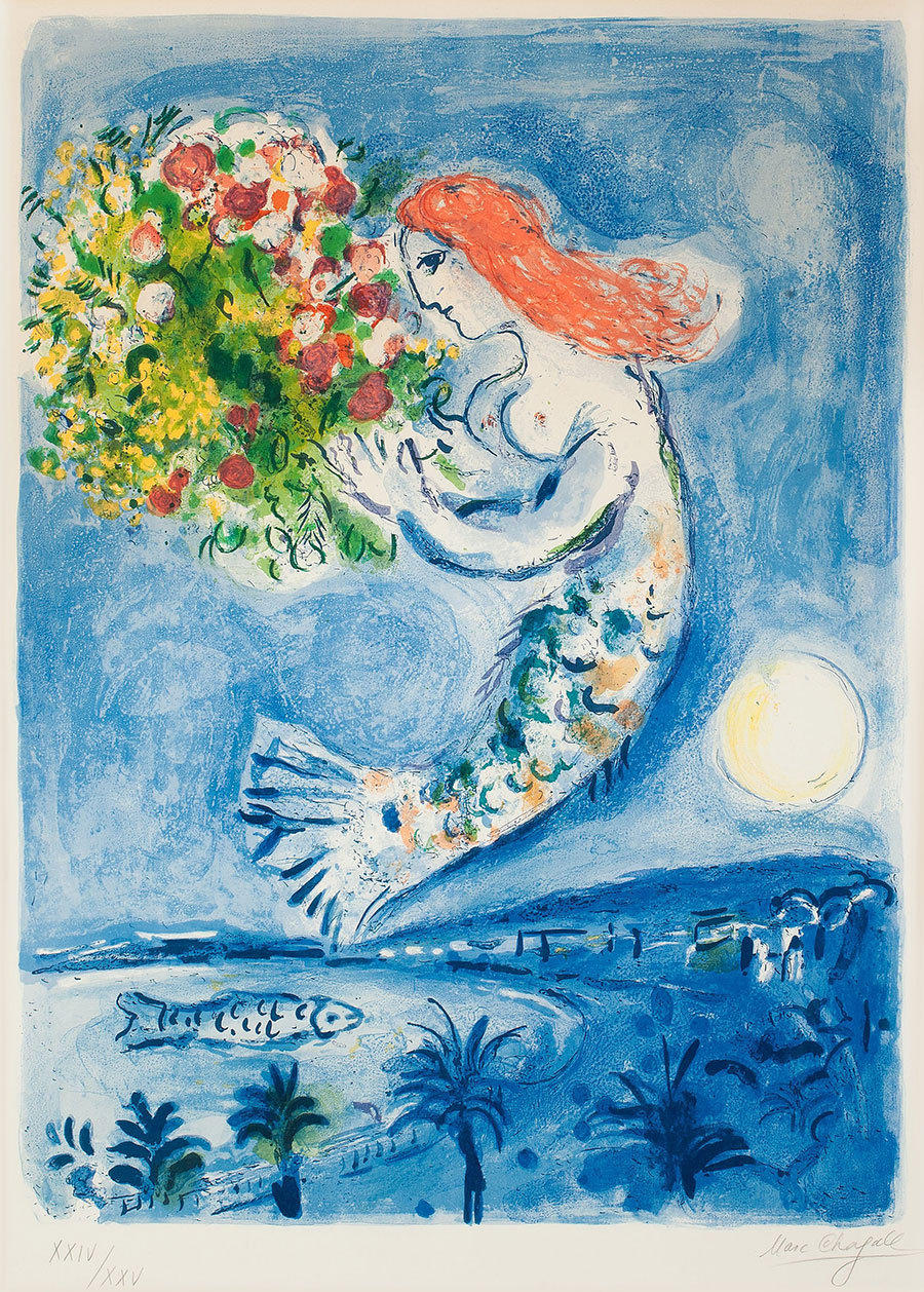 夏加尔油画作品: 空中捧花的美人鱼 高清大图下载