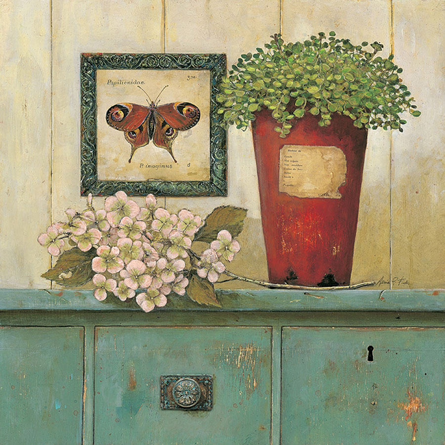 两联陶罐静物画: 桌子上的绣球花