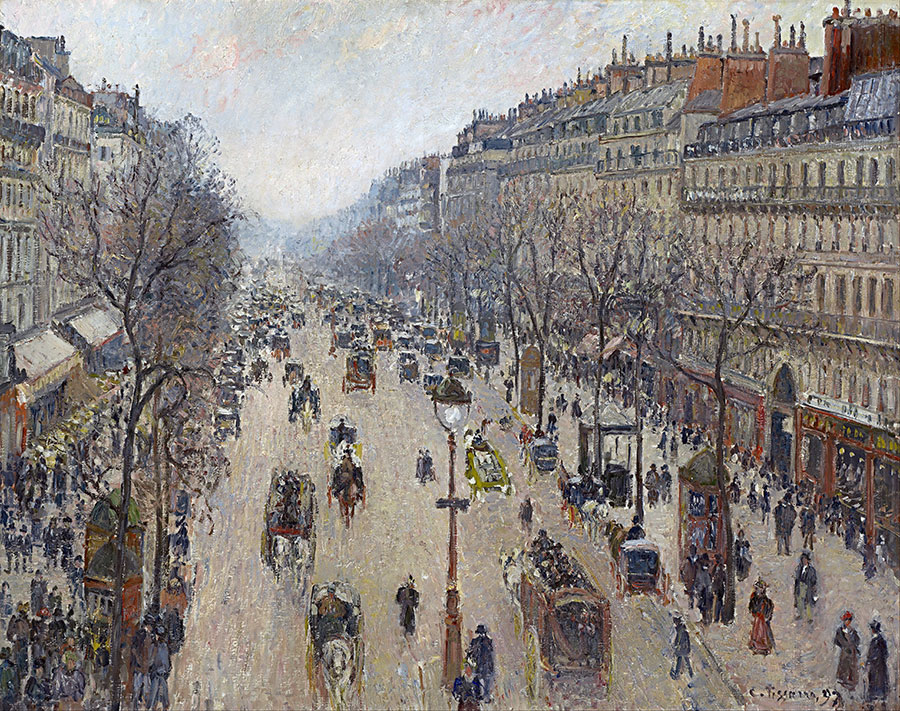 毕沙罗作品:蒙马特大道的多云早晨 Boulevard Montmartre, morning, cloudy weather