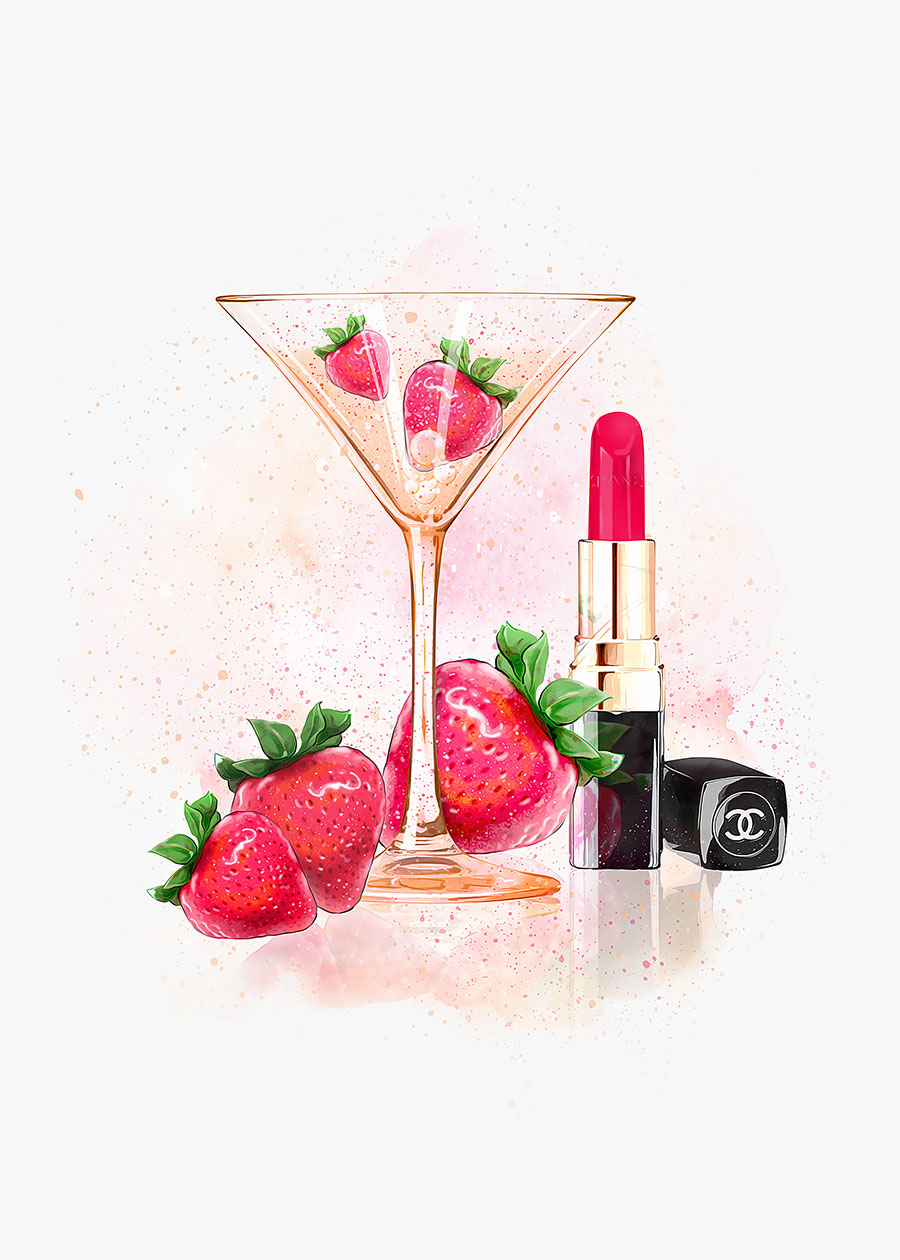 女人闺房装饰画素材: 草莓,口红和香槟 C
