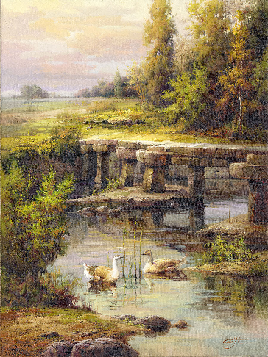 小溪里的鸭子油画