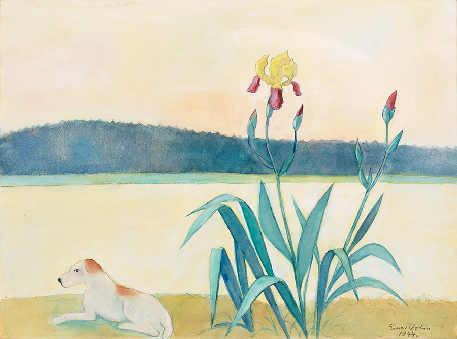 欧美现代画: 河边的狗和鸢尾花