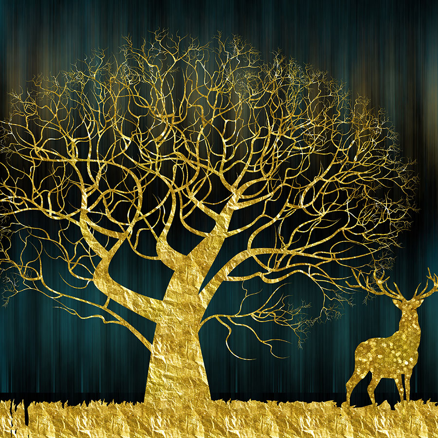 金色的发财树和麋鹿晶瓷画高清图片下载 A