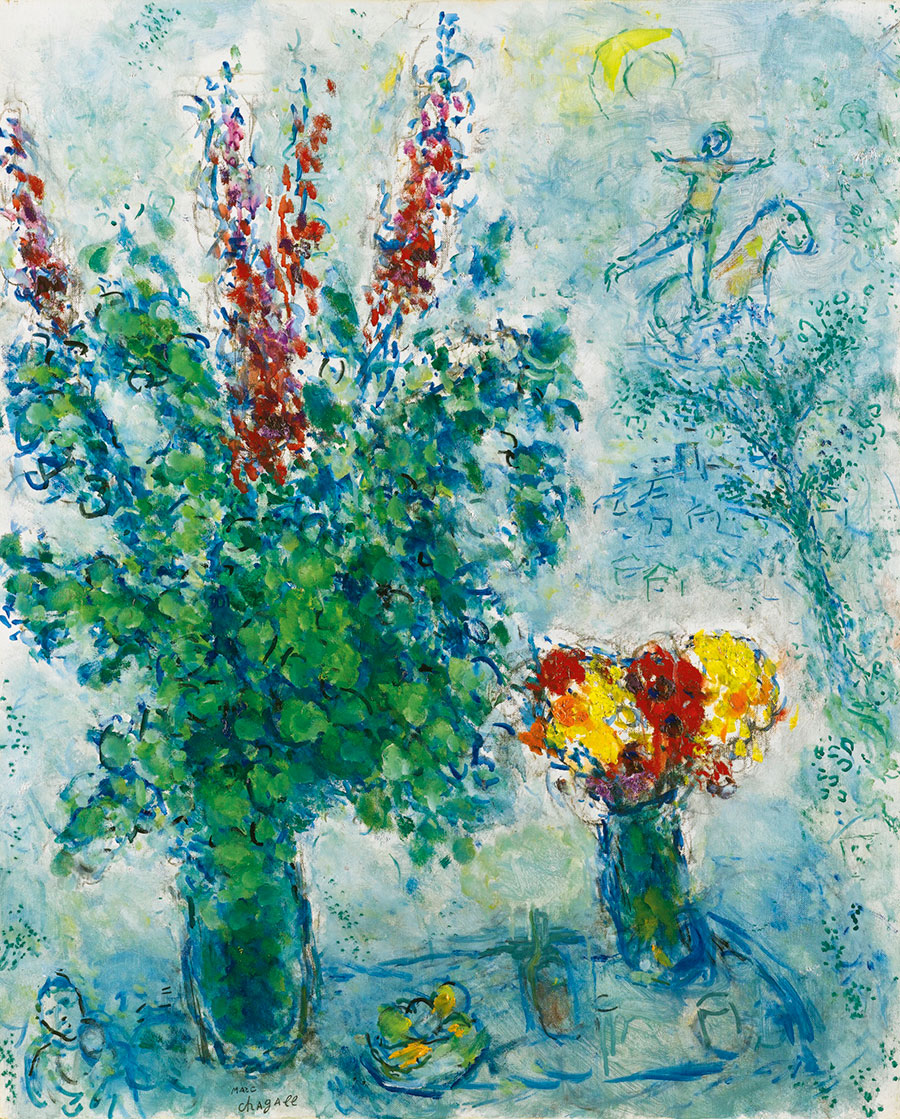 夏加尔油画作品: 插满鲜花的花瓶 高清大图下载