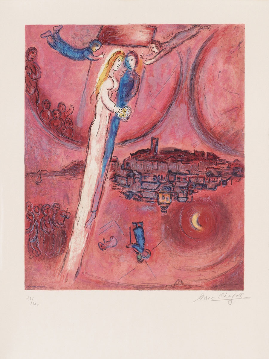 夏加尔油画作品: 红色夜空中的情侣  高清大图下载