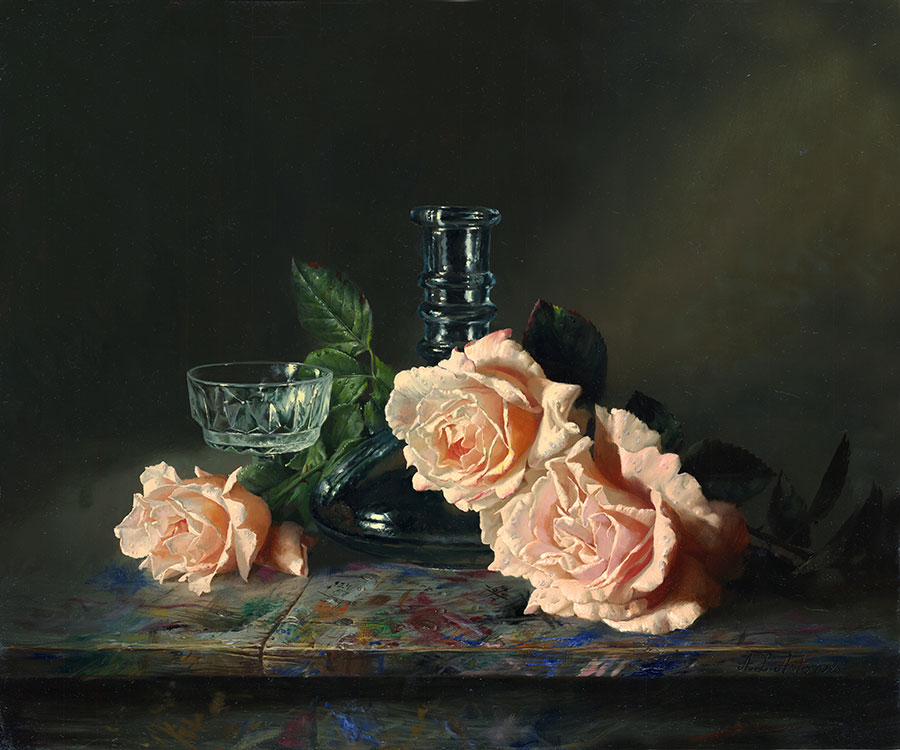 阿列克谢安东诺夫油画作品: 超写实静物油画 桌子上的玫瑰花油画素材下载